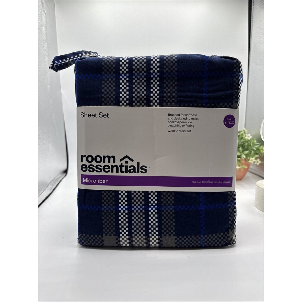 Microfiber Sheet Set Blue Plaid Room Essentials NEW Twin XL Dorm School Gift